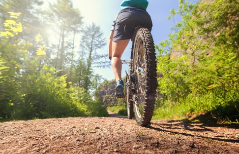 Mountain biker in action on a forest trail concept for healthy lifestyle, exercise and extreme sports.