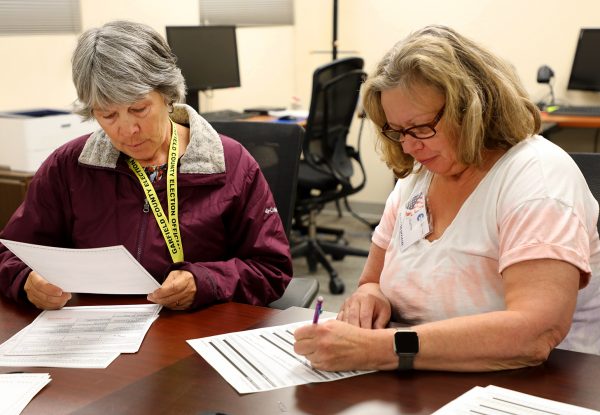 Two volunteers take part in Logic and Accuracy Testing for the for June 25 Primary Mail Ballot Election.