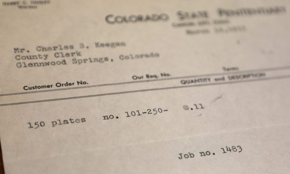 A bill from the Colorado State Penitentiary for 150 license plates from 1955.