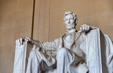 Abraham Lincoln statue inside Lincoln Memorial in Washington DC, USA.