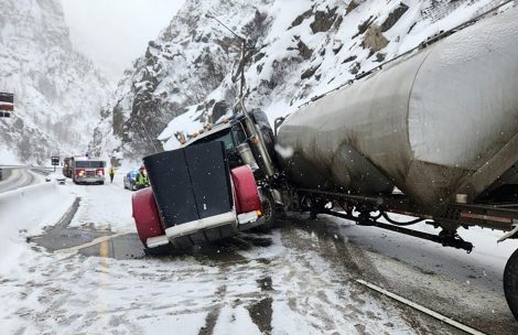 A semi is jackknifed on Interstate 70 in Glenwood Canyon.