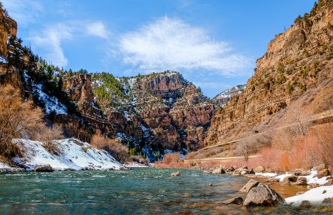 Beautiful view of the Colorado River floating through Glenwood Canyon in winter.