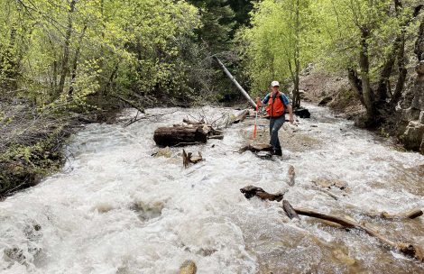 Hanging Lake Trail above bridge 6. Forest Engineer Dan Woolley is seen crossing high water in this USFS photo.