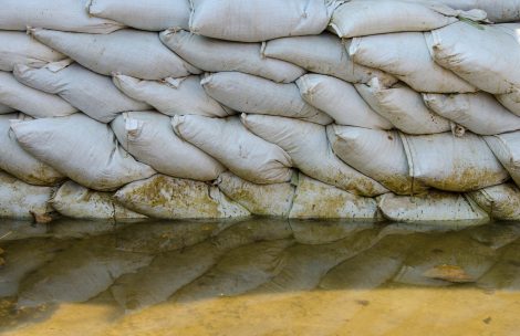 White sandbags for flood defense.