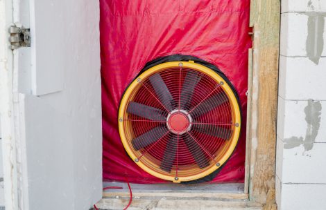 Testing the house for airtightness, on the front door installed a powerful fan.
