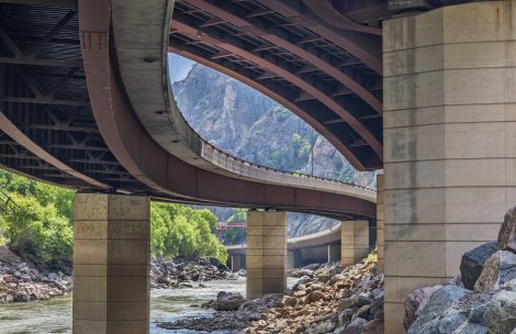 Colorado River and highway bridges in Glenwood Canyon, Colorado.