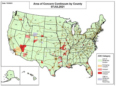 a map of covid-19 hot spots in the U.S.