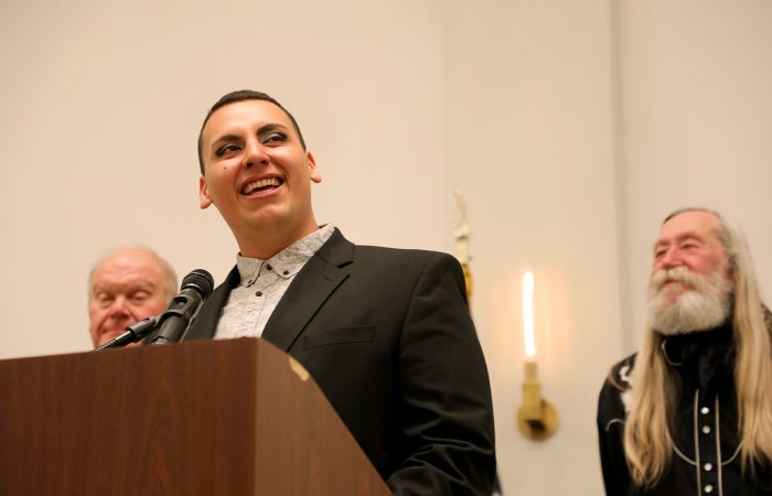 Bryan Alfredo Alvarez-Terrazas accepts the Community Equity Award at the 2024 Humanitarian Awards at the Hotel Colorado in Glenwood Springs.