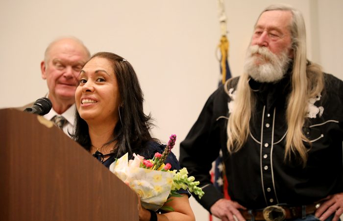 Rosalba Rodriguez Bautista accepts the Tireless Passion Award at the 2024 Humanitarian Awards at the Hotel Colorado in Glenwood Springs.